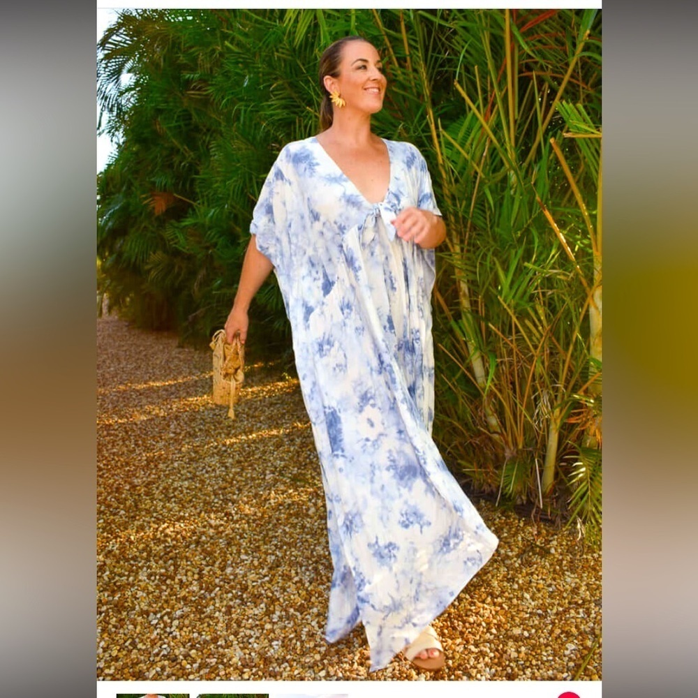 Buddy love  Blue Clouds Caftan dress bow boho spring coastal oversized nwot